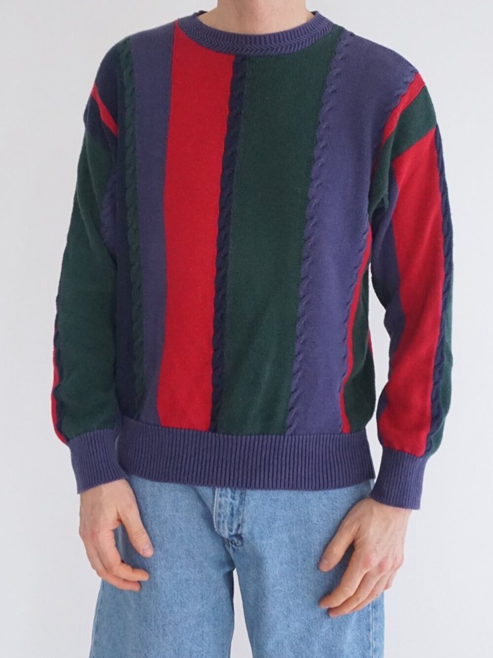 Vintage Nautica Red Green Blue Striped Cable Knit Sweater Cotton Pullover S
